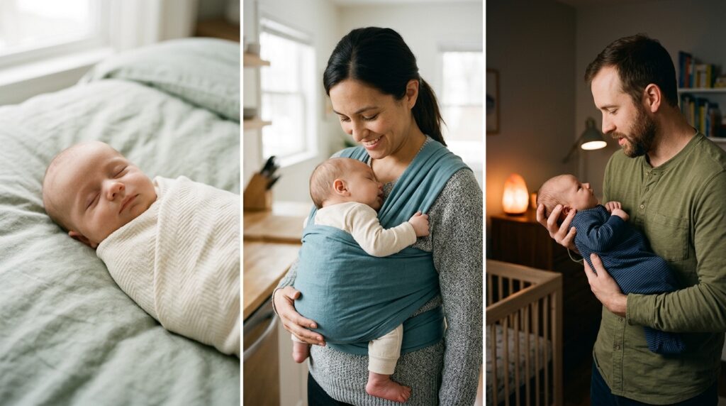 Three-panel guide showing effective baby soothing methods including swaddling, babywearing, and gentle swaying in low light