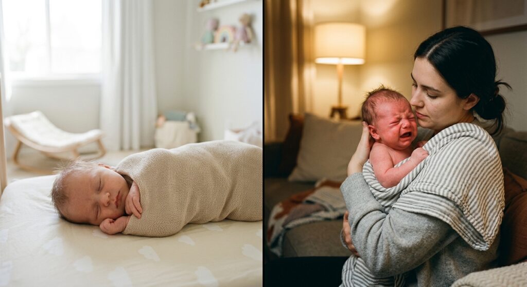 Split image comparing a peaceful sleeping baby in morning light to a crying fussy baby in a dimly lit evening room