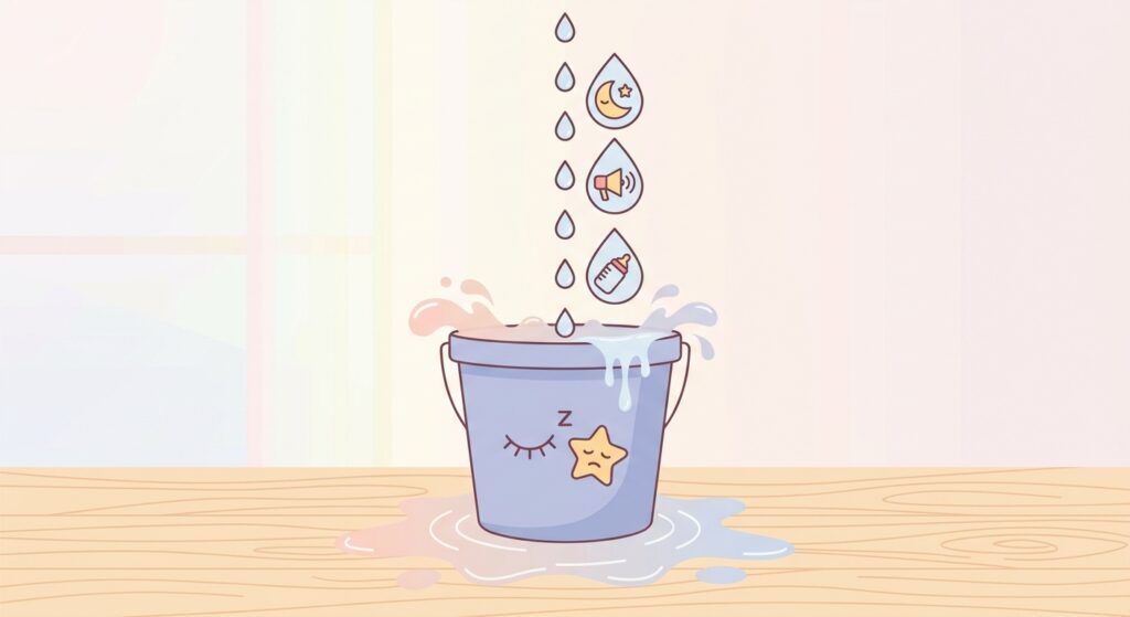Conceptual illustration of a bucket overflowing with water droplets representing sleep debt, noise, and hunger cues