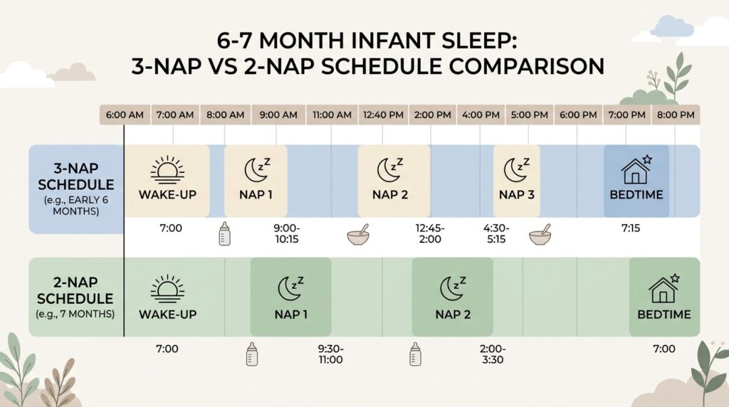 Timeline comparison showing a 3-nap schedule versus a 2-nap schedule for older infants