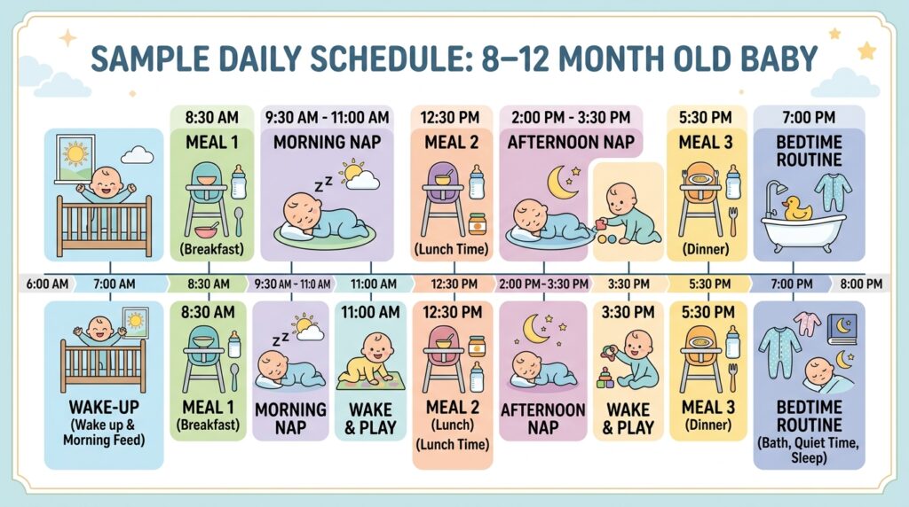 Daily schedule timeline diagram for an 8 to 12 month old baby with meals and naps