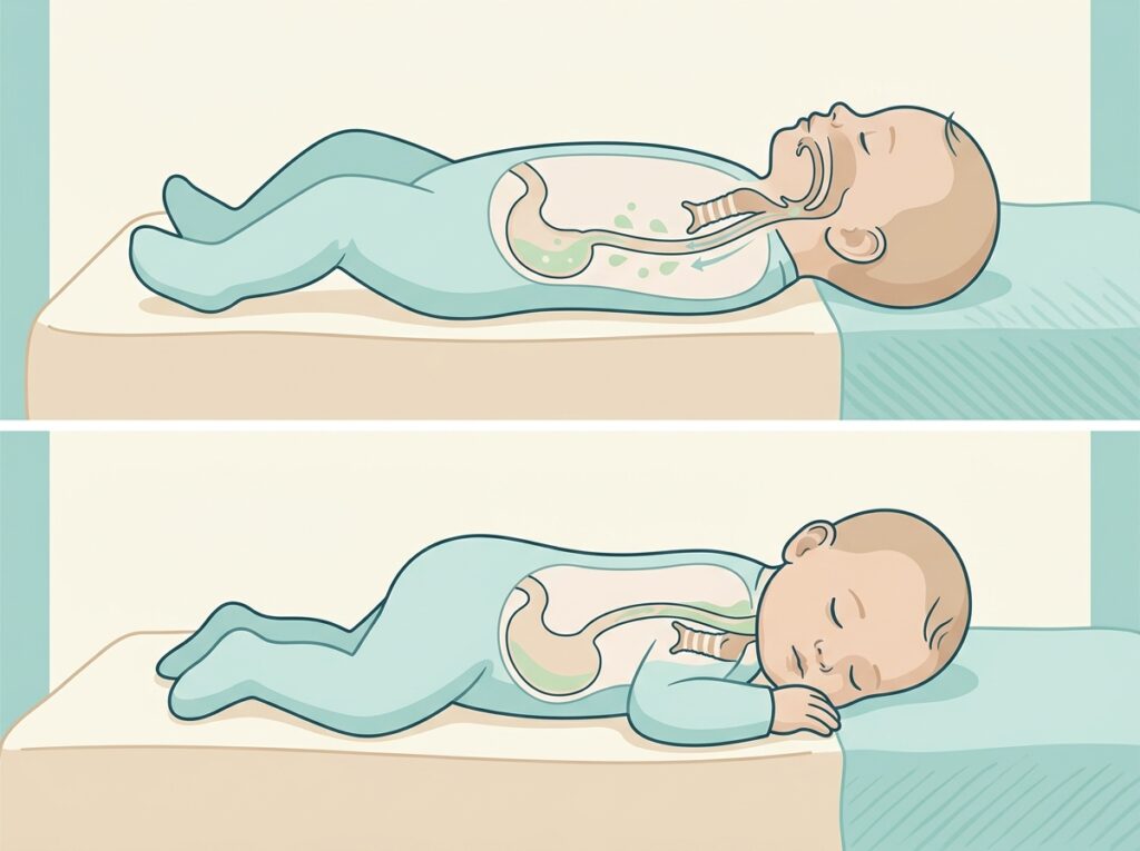 Anatomical diagram showing how back sleeping prevents choking by keeping fluids away from the baby's trachea