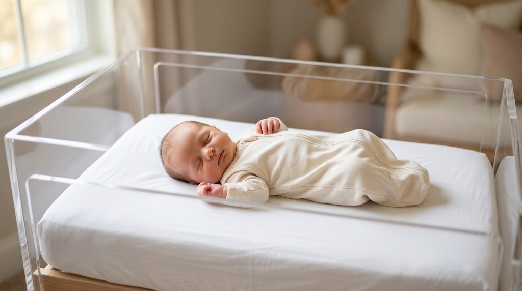 A newborn baby sleeping peacefully on their back in an empty crib with a fitted sheet, following safe sleep guidelines.