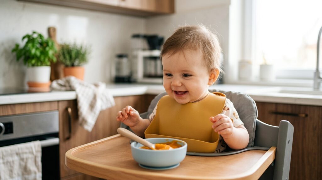 Happy baby sitting in a high chair showing readiness signs for solid foods.