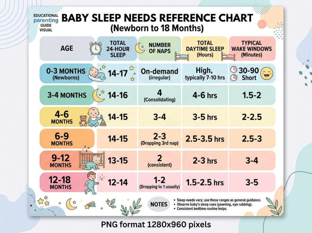 Infographic chart showing baby sleep hours and wake windows from newborn to 18 months.
