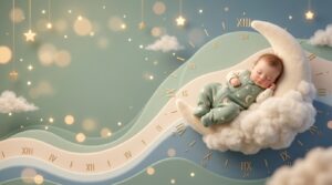 A peaceful baby sleeping on a crescent moon and cloud, illustrating a balanced sleep rhythm and routine.