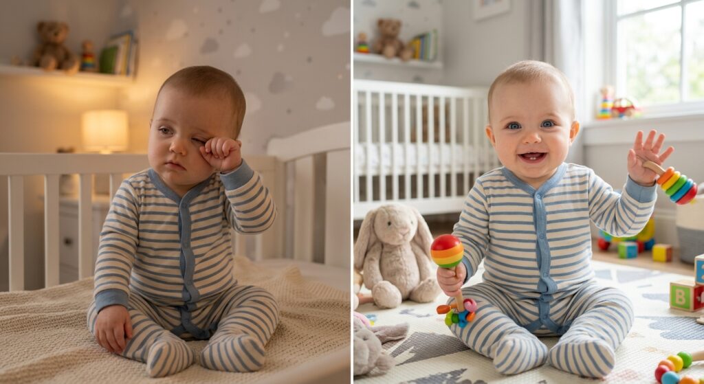 Side-by-side comparison of a tired baby rubbing their eyes and an alert, smiling baby who is not ready for a nap.