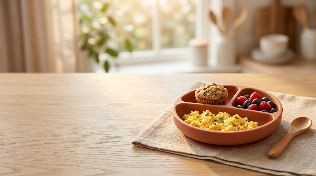 A divided toddler plate with a balanced breakfast of eggs, an oatmeal muffin, and fresh berries