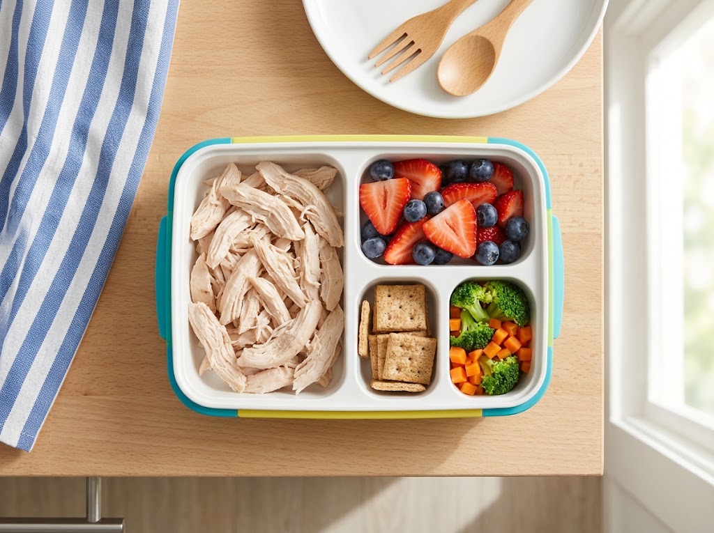 Balanced toddler bento lunchbox filled with fresh berries, whole-grain crackers, shredded chicken, and steamed veggies