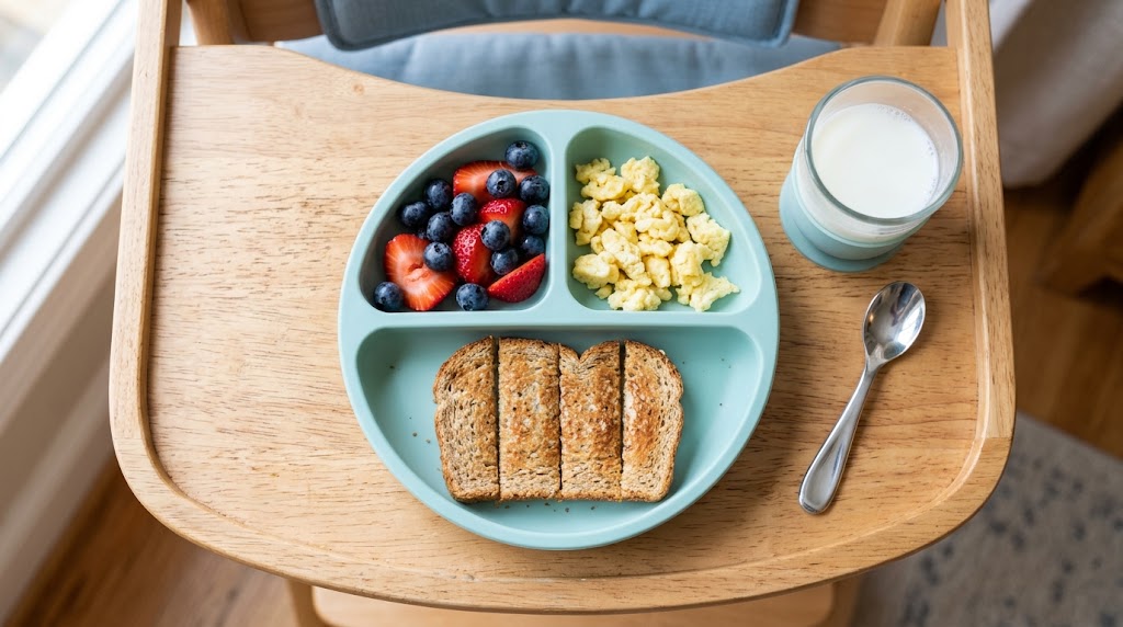 A divided toddler plate with scrambled eggs, whole-grain toast, and fresh berries.