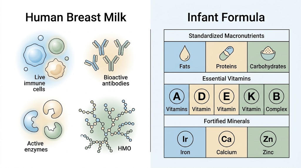 Diagram comparing living bioactive components in breast milk to the standardized nutrient matrix of infant formula