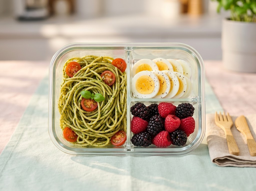 Divided cold lunch container packed with pesto pasta, sliced hard-boiled egg, and fresh berries for a toddler