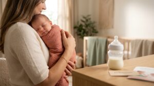 Mother comforting a sleeping newborn baby swaddled in terracotta fabric, near a baby bottle and natural morning light.