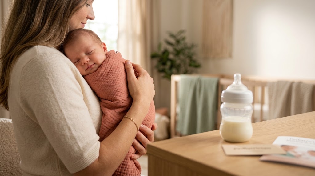 Mother comforting a sleeping newborn baby swaddled in terracotta fabric, near a baby bottle and natural morning light.