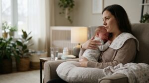 Tired mother sitting in a armchair comforting her fussy newborn during a difficult breastfeeding session.