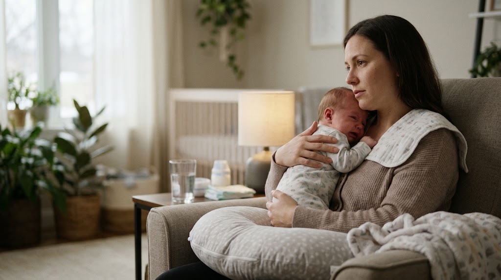 Tired mother sitting in a armchair comforting her fussy newborn during a difficult breastfeeding session.