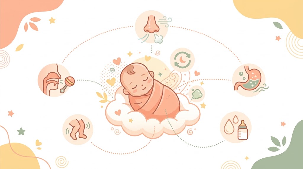 Conceptual infographic mapping common newborn sleep sounds like grunting and whistling to their physiological causes.