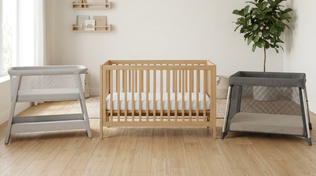 Side-by-side visual comparison of a safe bassinet, standard crib, and play yard with firm mattresses and bare interiors
