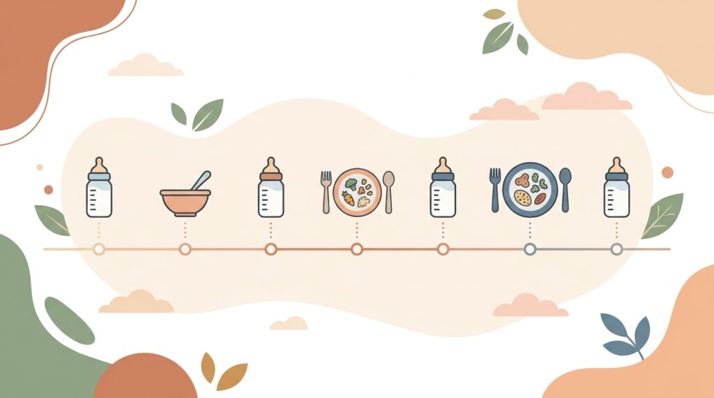 Timeline infographic showing a sample daily meal and milk schedule for older babies