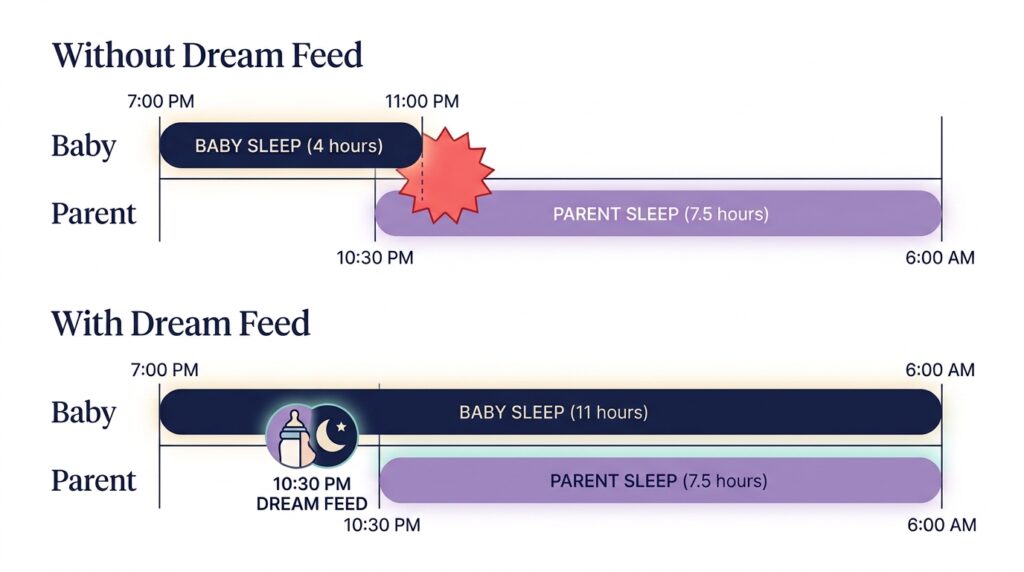 Diagram showing parent bedtime overlapping with baby sleep stretch after a dream feed vs disjointed sleep cycles