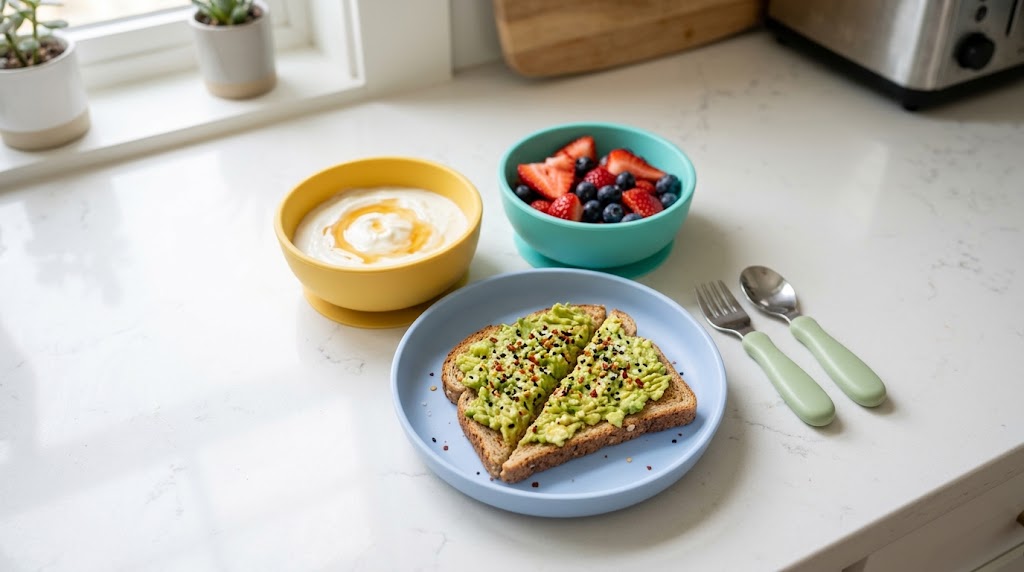 A simple toddler breakfast spread with avocado toast, yogurt, and fresh berries