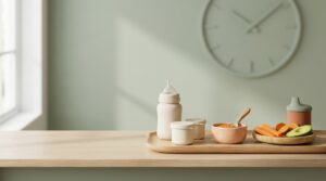 A 3D render illustrating the first-year baby feeding journey, featuring a bottle, puree bowl, and finger foods plate