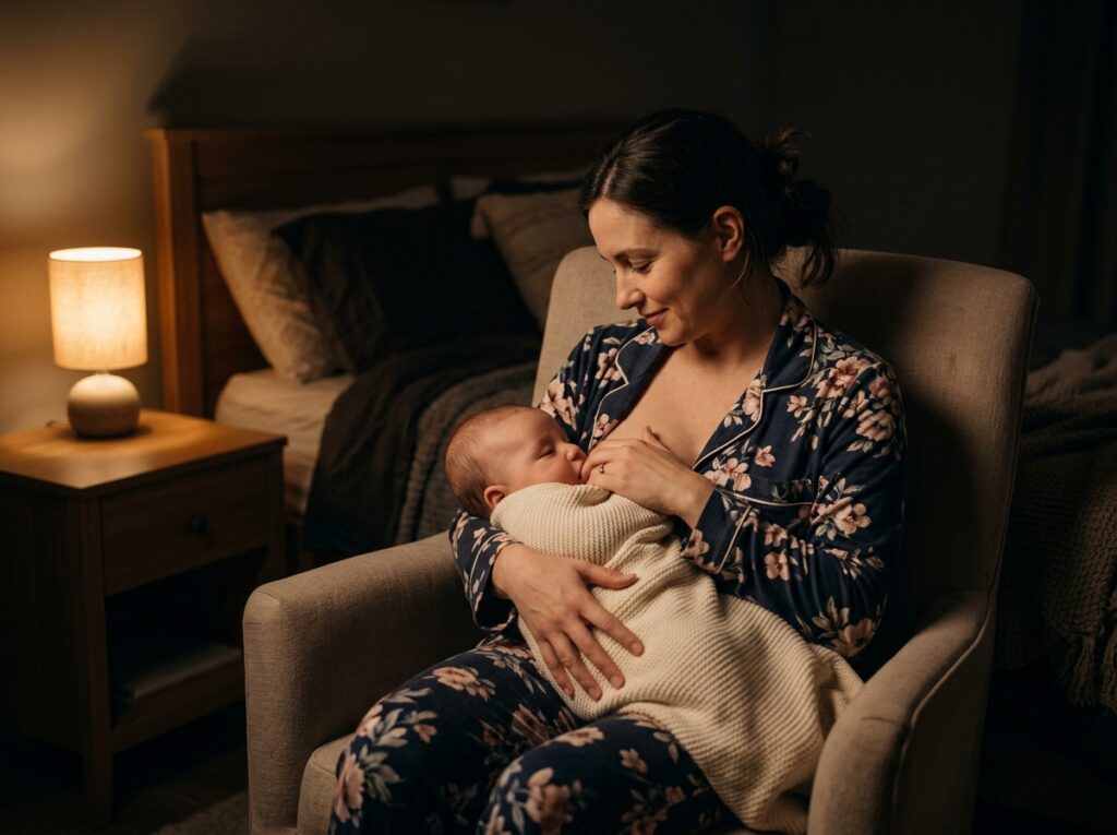 Parent gently holding a sleeping baby semi-upright in dim lighting during a quiet dream feed at night.