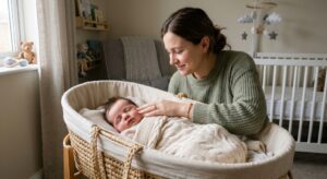 A mother gently rouses a sleepy newborn swaddled in a blanket by touching their cheek to start a feeding session.