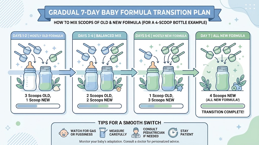 Step-by-step 7-day baby formula transition schedule visual guide showing gradual mixing proportions.
