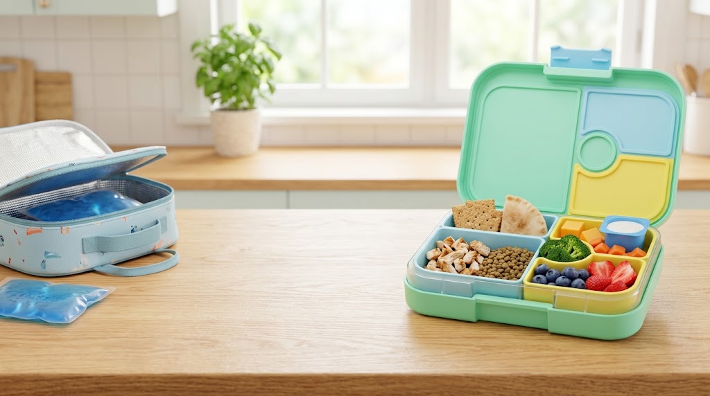 Vibrant bento lunchbox with small balanced portions for toddlers, surrounded by cooling ice packs on a kitchen counter