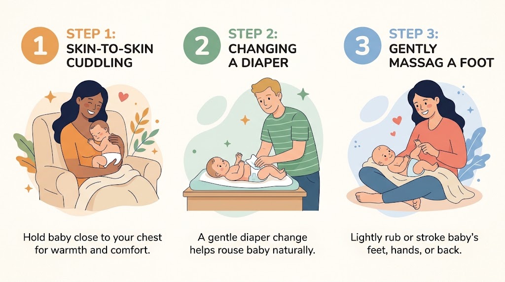 Illustrations showing step-by-step gentle methods to wake a sleeping newborn