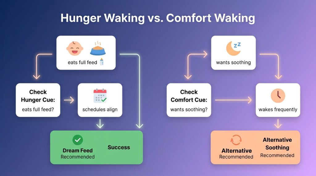 Flowchart comparing hunger waking versus comfort waking to determine if dream feeding will work for a baby.