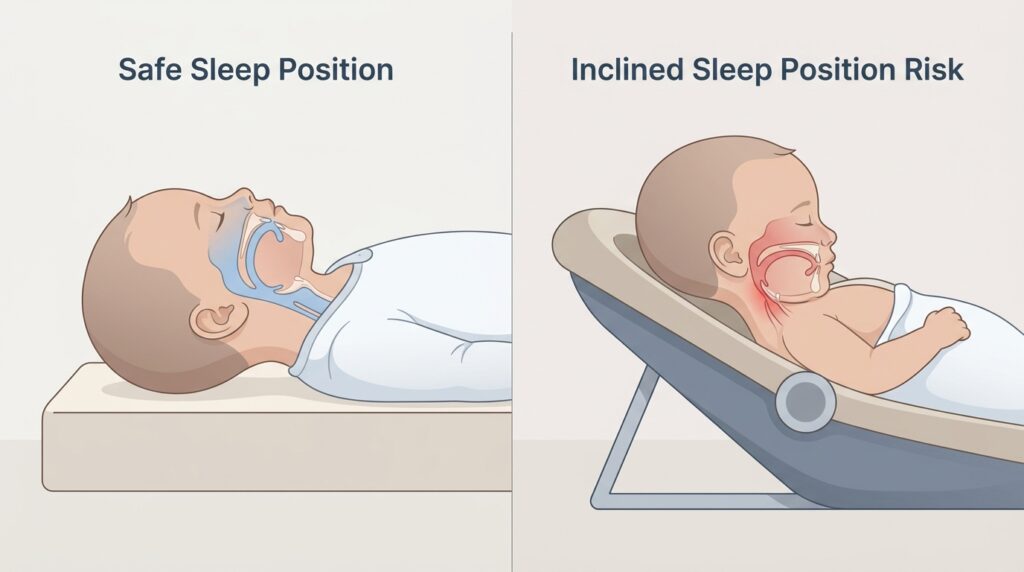 Diagram comparing an open infant airway while back sleeping on a flat surface to a constricted airway on an incline