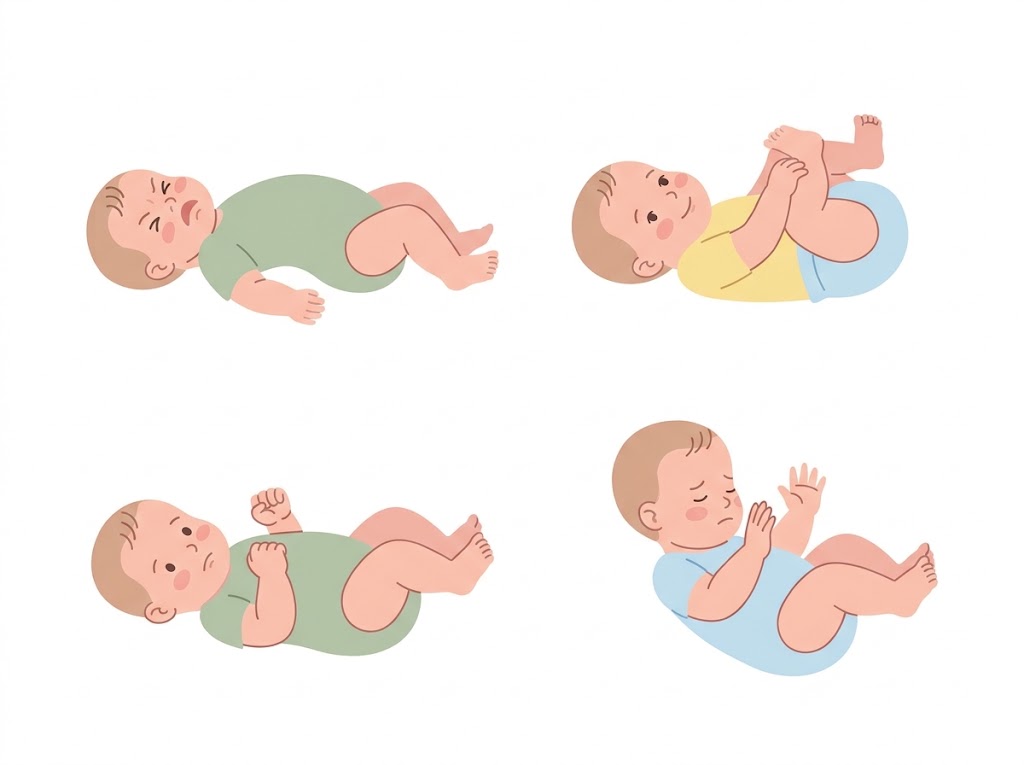 Illustrations of baby body language cues including back arching, knee pulling, clenched fists, and head turnin