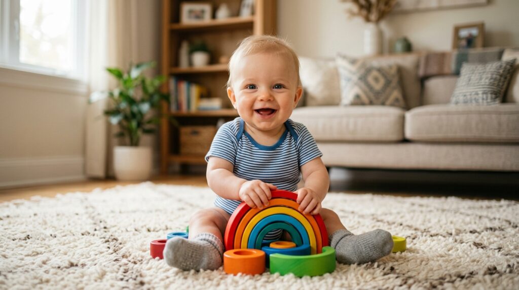 Happy 6-month-old infant sitting up independently on the floor and playing with a wooden toy.