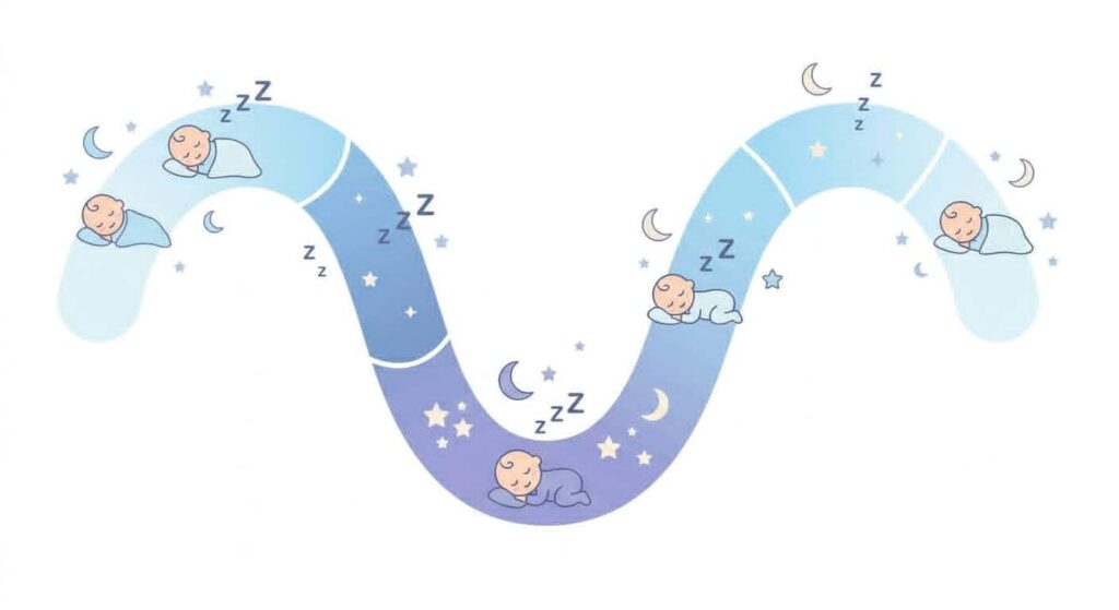 Diagram illustrating a baby's sleep cycle stages moving from light sleep to deep sleep and REM.