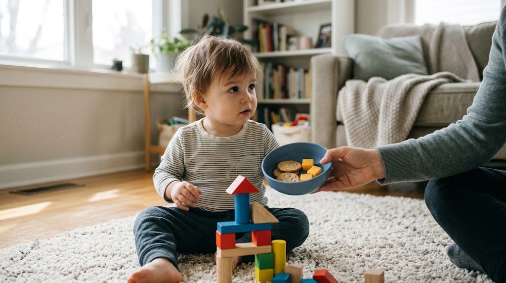 A toddler playing quietly is calmly offered a small snack bowl by a parent