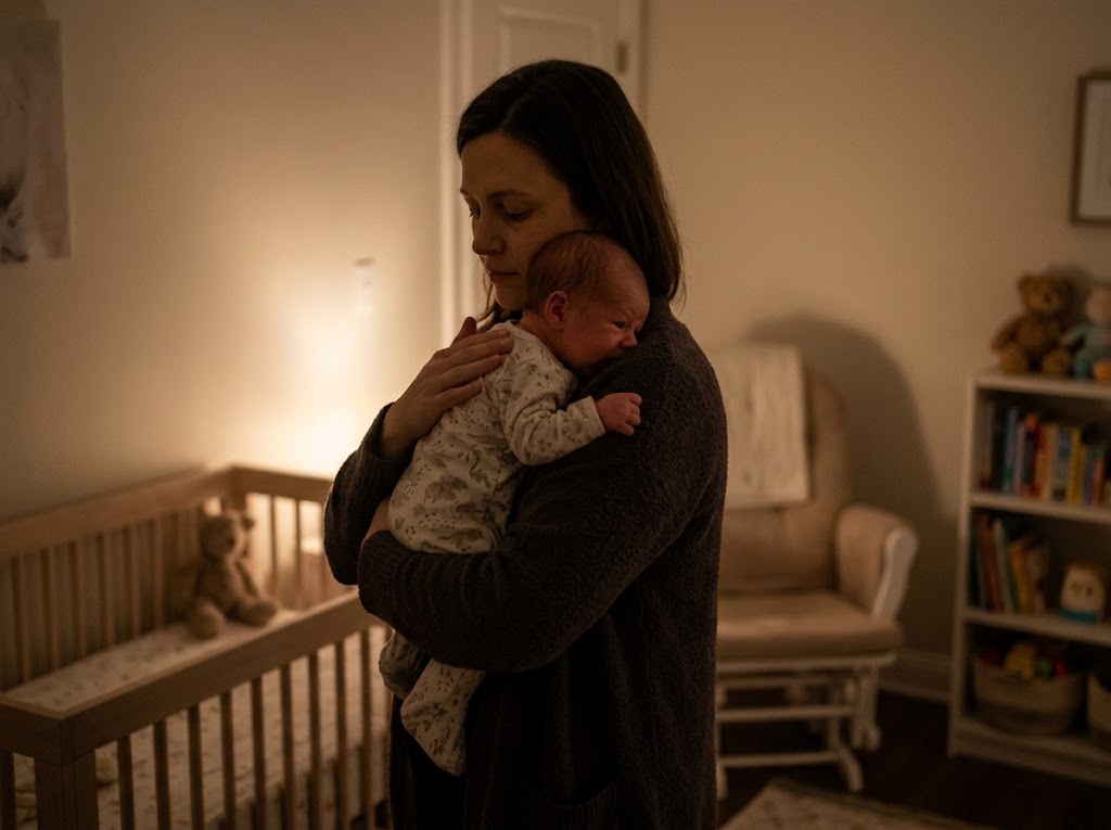 Mother comforting her fussy newborn baby over her shoulder in a dimly lit nursery during a feeding session.