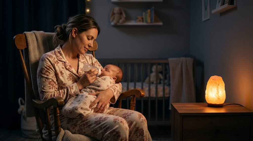 Mother gently dream feeding swaddled sleeping baby in a dim nursery with warm lamp light.