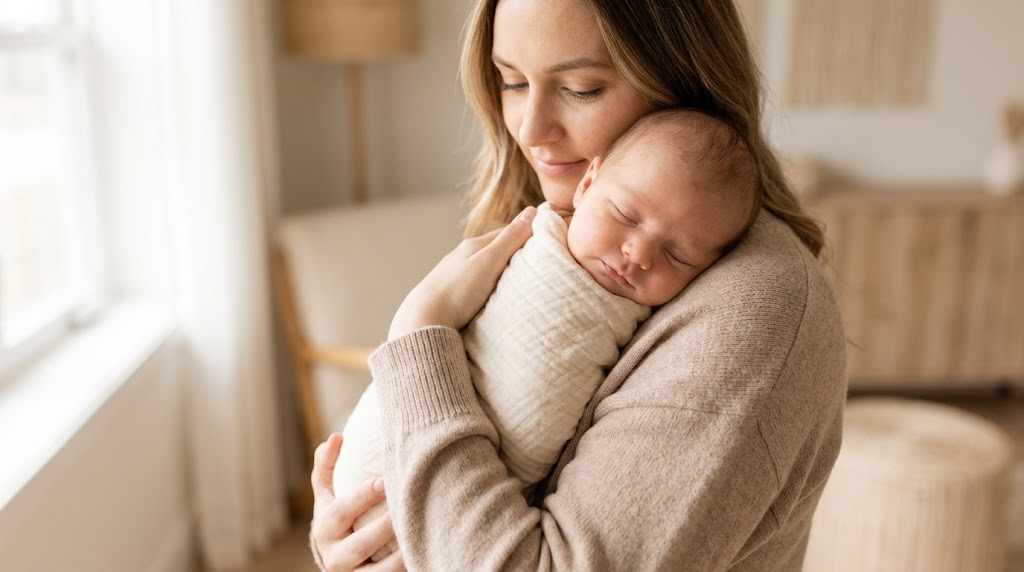 Mother holding a calm, content newborn baby resting comfortably against her shoulder in a brightly lit room.