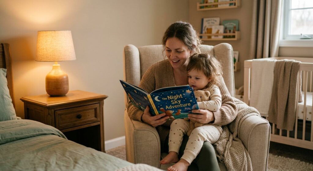 Mother reading a picture bedtime story to her toddler wearing cozy pajamas in a warmly lit nursery.