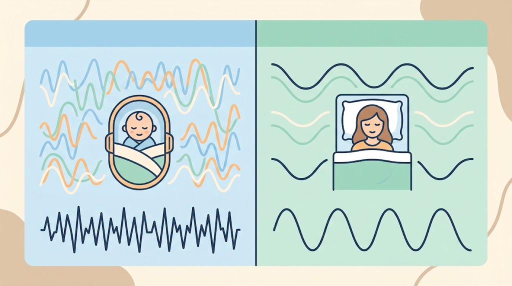 A visual chart comparing the high percentage of active REM sleep in noisy newborns to the calmer sleep cycles of adults.