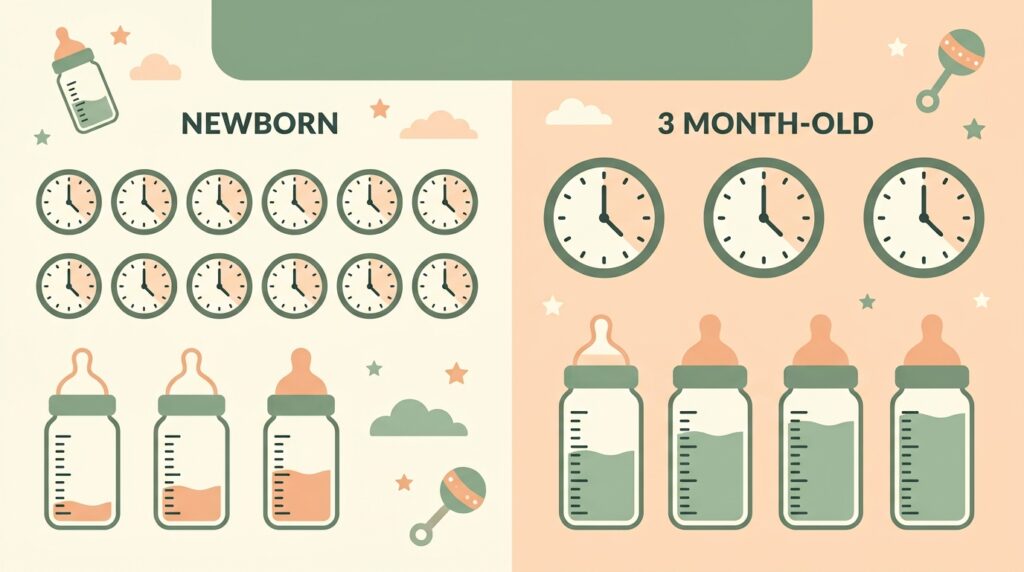 Infographic showing newborn and 3-month feeding frequencies and ounce guidelines.