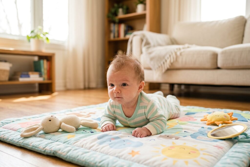 Newborn baby practicing tummy time on a soft, colorful play mat to build neck and shoulder strength.