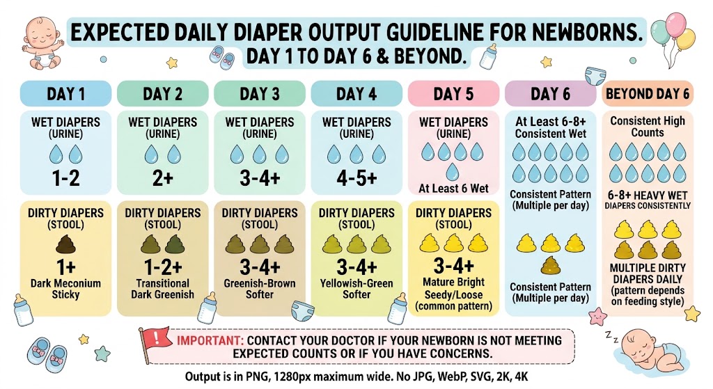 Infographic showing daily wet and dirty diaper counts for newborns