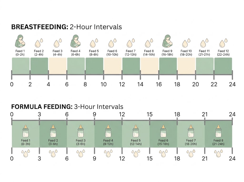 Infographic comparing breastfeeding and formula feeding schedules over 24 hours