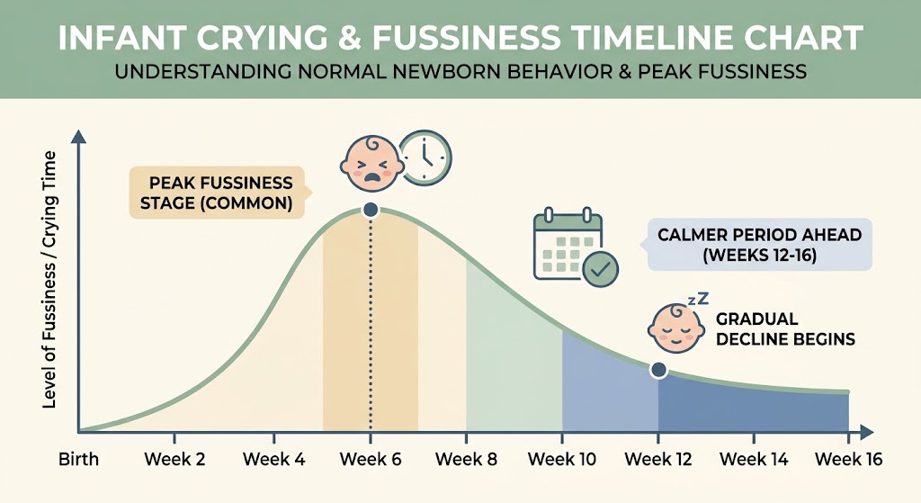 Infographic chart showing normal newborn fussiness and colic timeline peaking at 6 weeks of age.