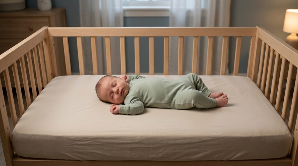 Newborn baby sleeping safely on their back in an empty crib with only a fitted sheet.