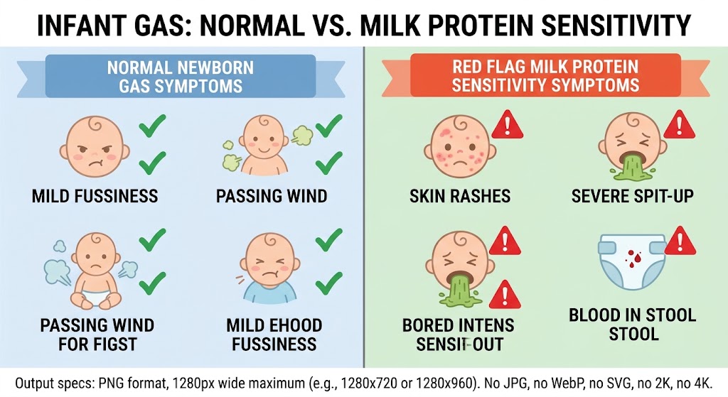 Comparison chart contrasting normal baby gas signs with severe milk protein sensitivity symptoms