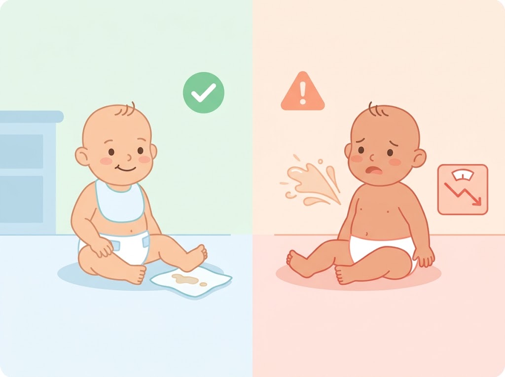 Comparison illustration showing normal baby spit-up versus medical warning signs like projectile vomiting
